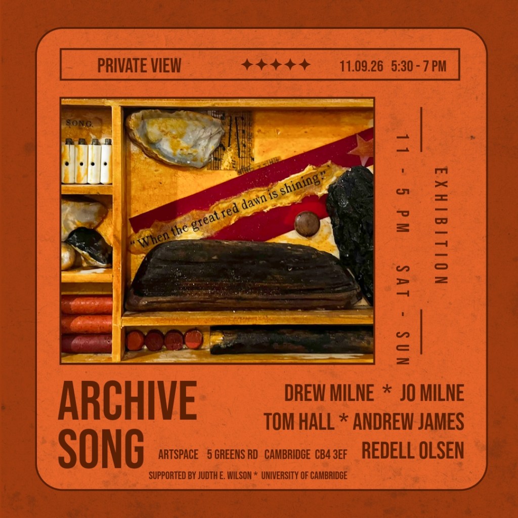 Promotional flyer for an art exhibition titled 'ARCHIVE SONG' featuring multiple artists, with details about the private view and exhibition times, including the date of September 11, 2026.