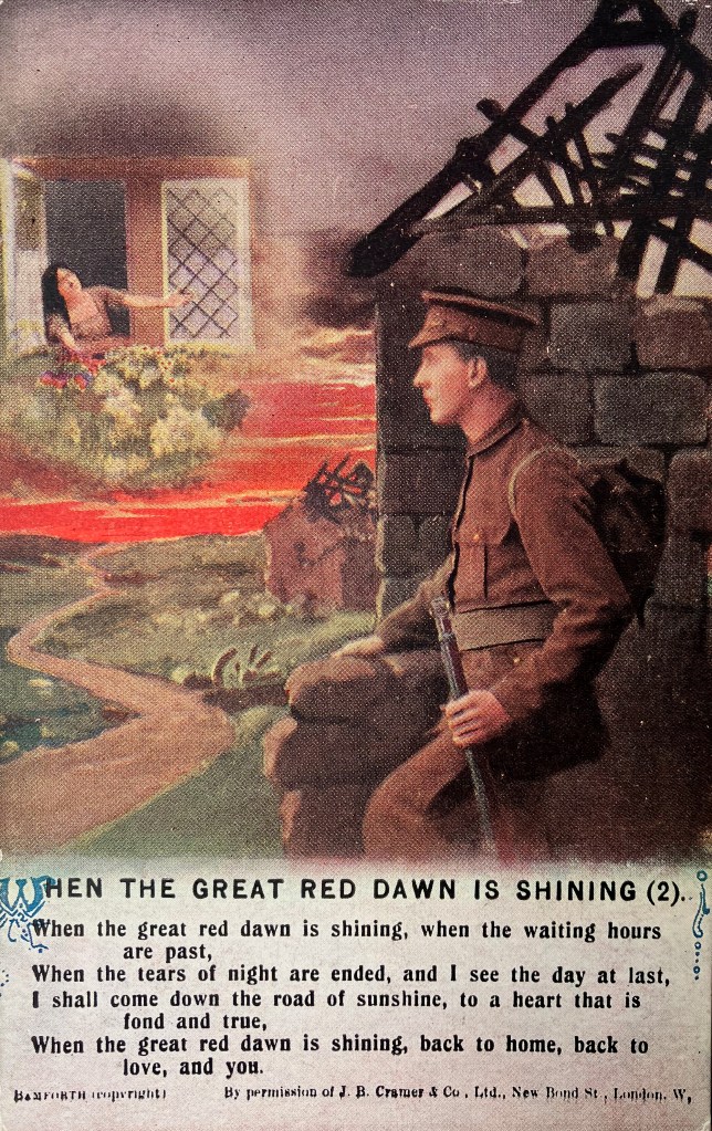 A soldier in a uniform stands in front of a wall, looking toward a woman who appears to be reaching out from a window. The background features a colorful, abstract representation of a sunset or dawn, adding emotional depth to the scene.