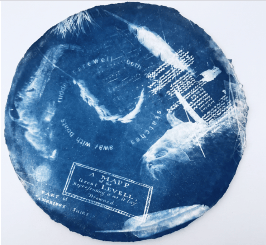 A circular blue artwork featuring various images, textures, and faded text, with the phrase 'A MAPP of the LEVEL' prominently displayed.